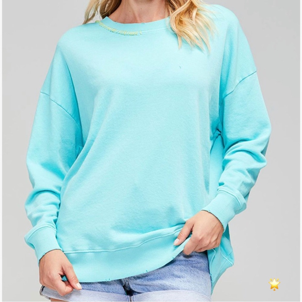 SIZE L WILDFOX AQUA SKY STITCH DETAIL DISTRESSED HEM SWEATSHIRT OVERSIZED LONG